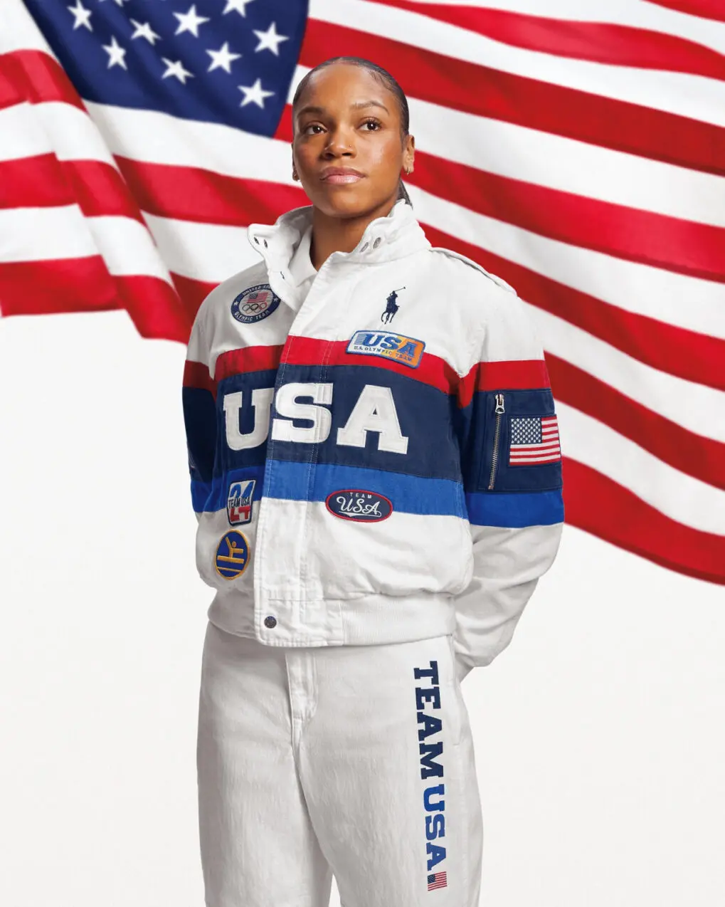 Gymnast Shilese Jones — one of Ralph Lauren's brand ambassadors at the 2024 Games — is pictured in the closing ceremony look.