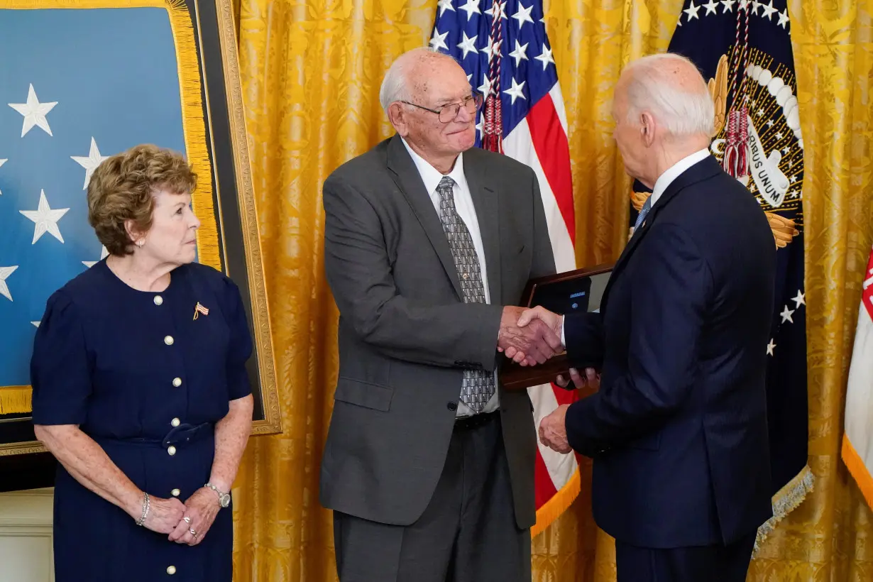 U.S. President Biden presents the Medal of Honor posthumously to descendants of Union soldiers, in Washington