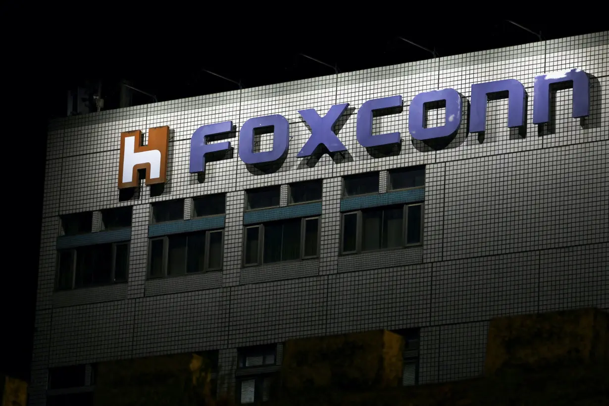 The logo of Foxconn is seen outside a company's building in Taipei