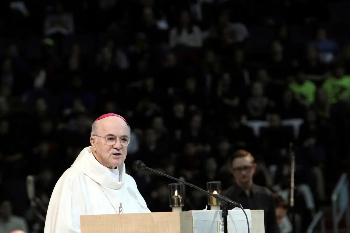 FILE PHOTO: Archbishop Carlo Maria Vigano speaks during a pro-life youth Mass at the Verizon Center in Washington