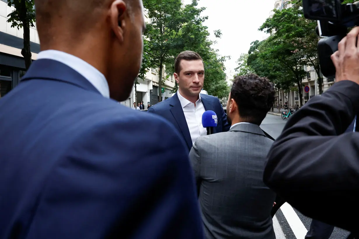 Jordan Bardella, President of the French far-right National Rally arrives at the RN party headquarters in Paris