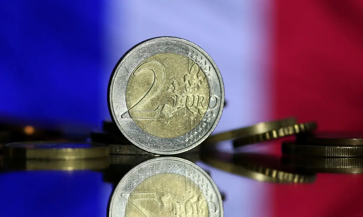 Euro coins are seen in front of displayed France flag in this picture illustration taken