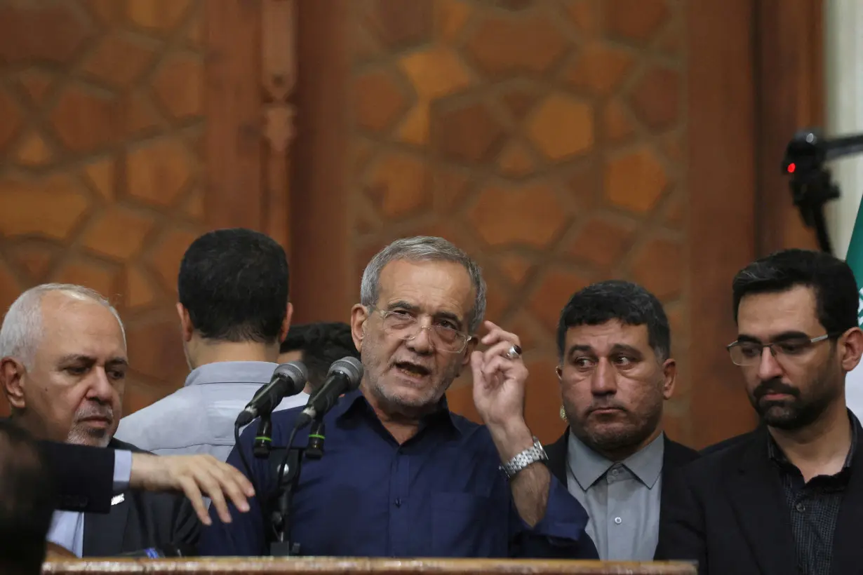 FILE PHOTO: Iran's President-elect Masoud Pezeshkian speaks during a gathering with his supporters at the shrine of Iran's late leader Ayatollah Ruhollah Khomeini, in south of Tehran