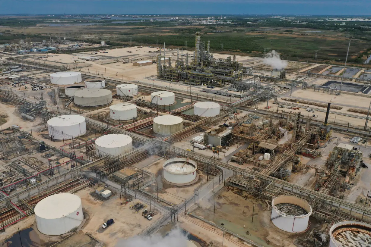 An aerial view of storage tanks at Exxon Mobil's Beaumont oil refinery, in Beaumont, Texas