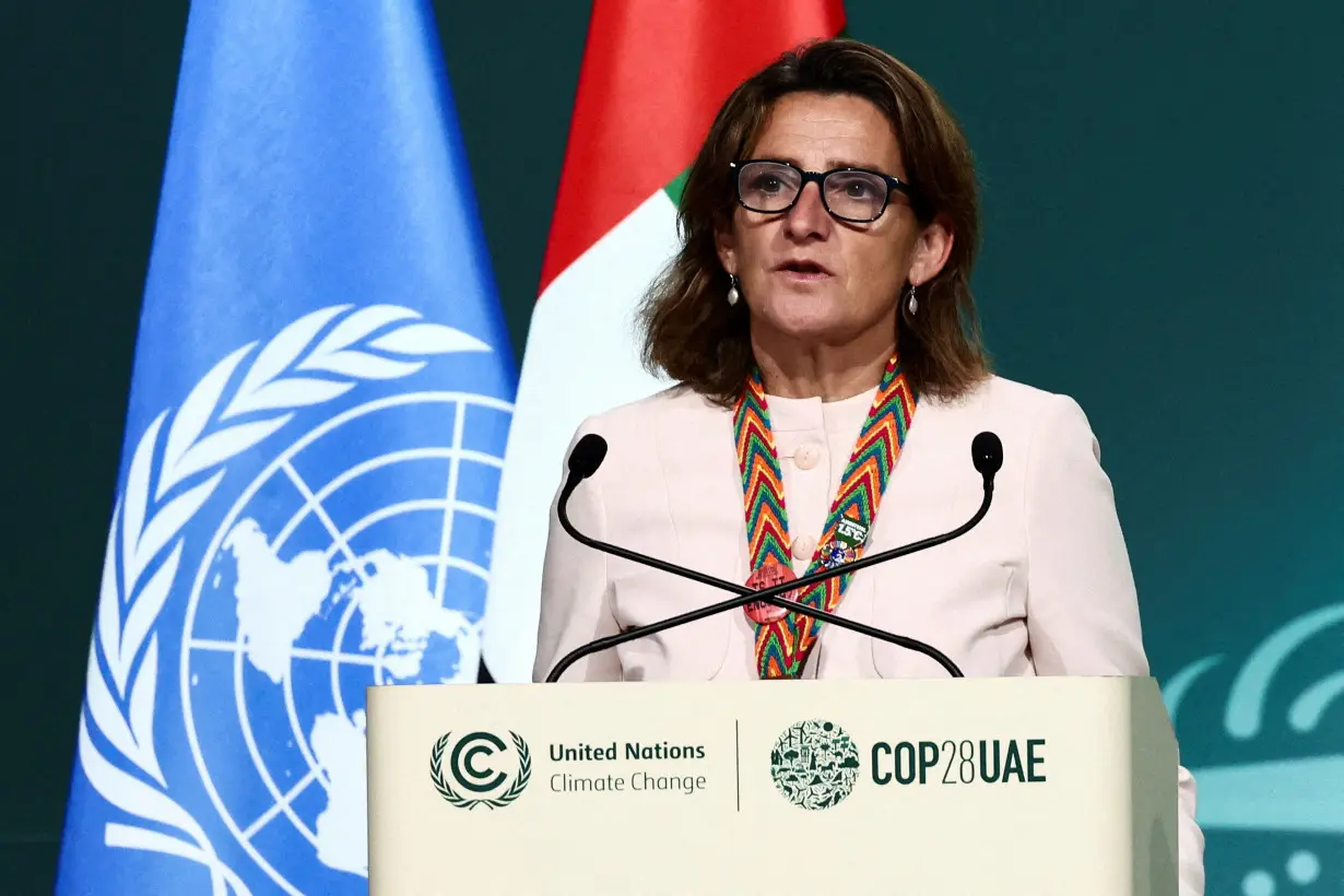 FILE PHOTO: Teresa Ribera delivers a statement during the United Nations Climate Change Conference COP28 in Dubai