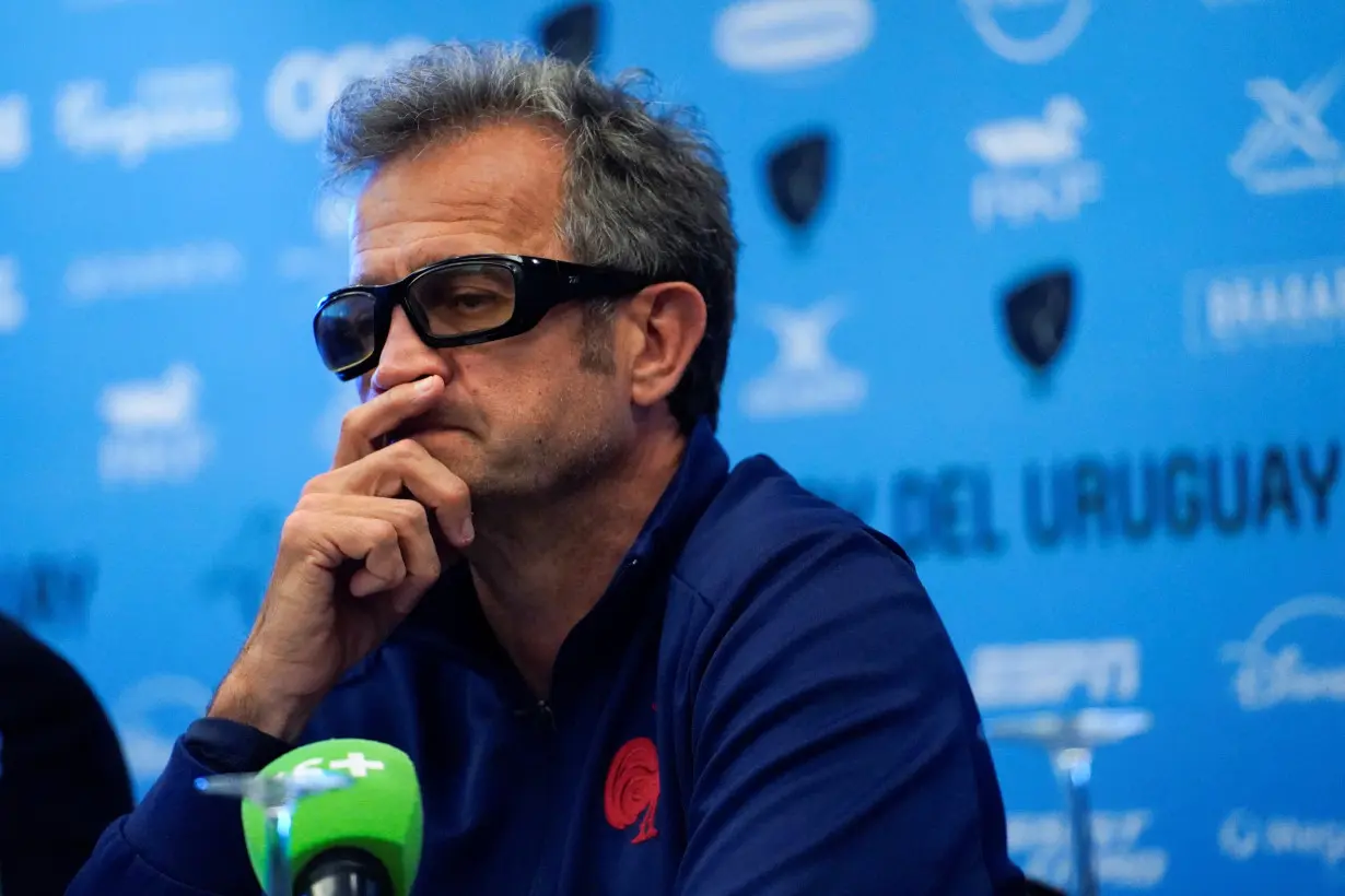 France's national rugby union team coach Fabien Galthie attends a press conference during their tour of South America in Montevideo