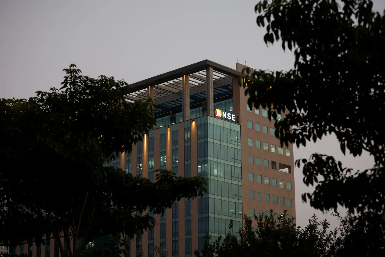 A logo of the NSE (National Stock Exchange) is seen on an office building at the Gujarat International Finance Tec-City (GIFT) at Gandhinagar