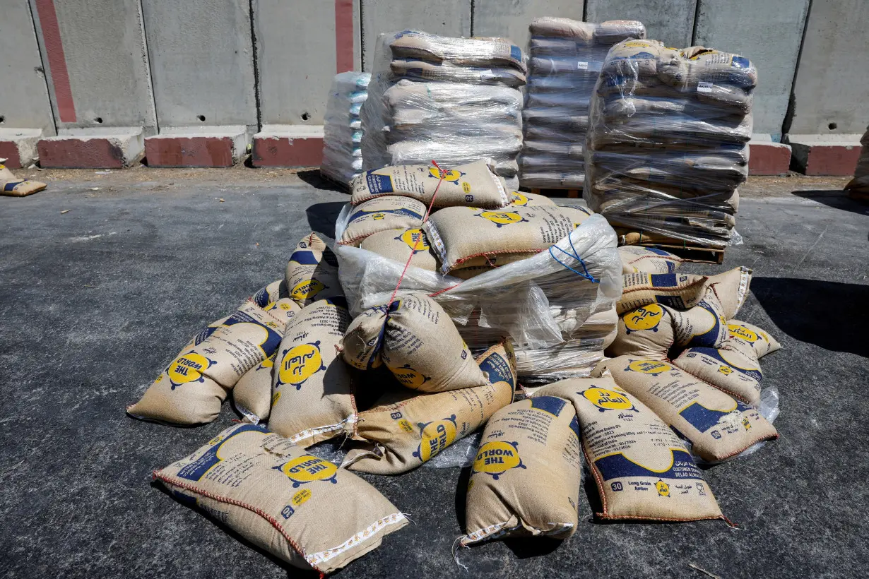 A view shows humanitarian aid destined for the Gaza Strip, at the Kerem Shalom crossing