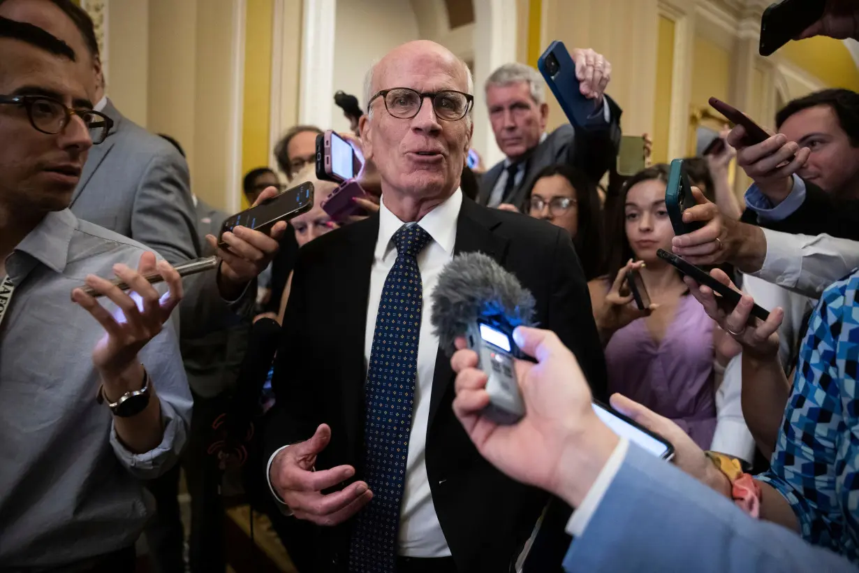 Sen. Peter Welch, a Democrat from Vermont, speaks with reporters as he departs a Senate Democratic Caucus meeting at the US Capitol July 9, 2024.