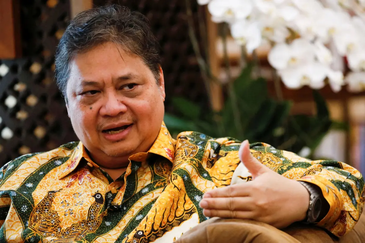 FILE PHOTO: Airlangga Hartarto, Indonesia's Coordinating Minister for Economic Affairs, gestures as he talks during an interview with Reuters at his office in Jakarta,