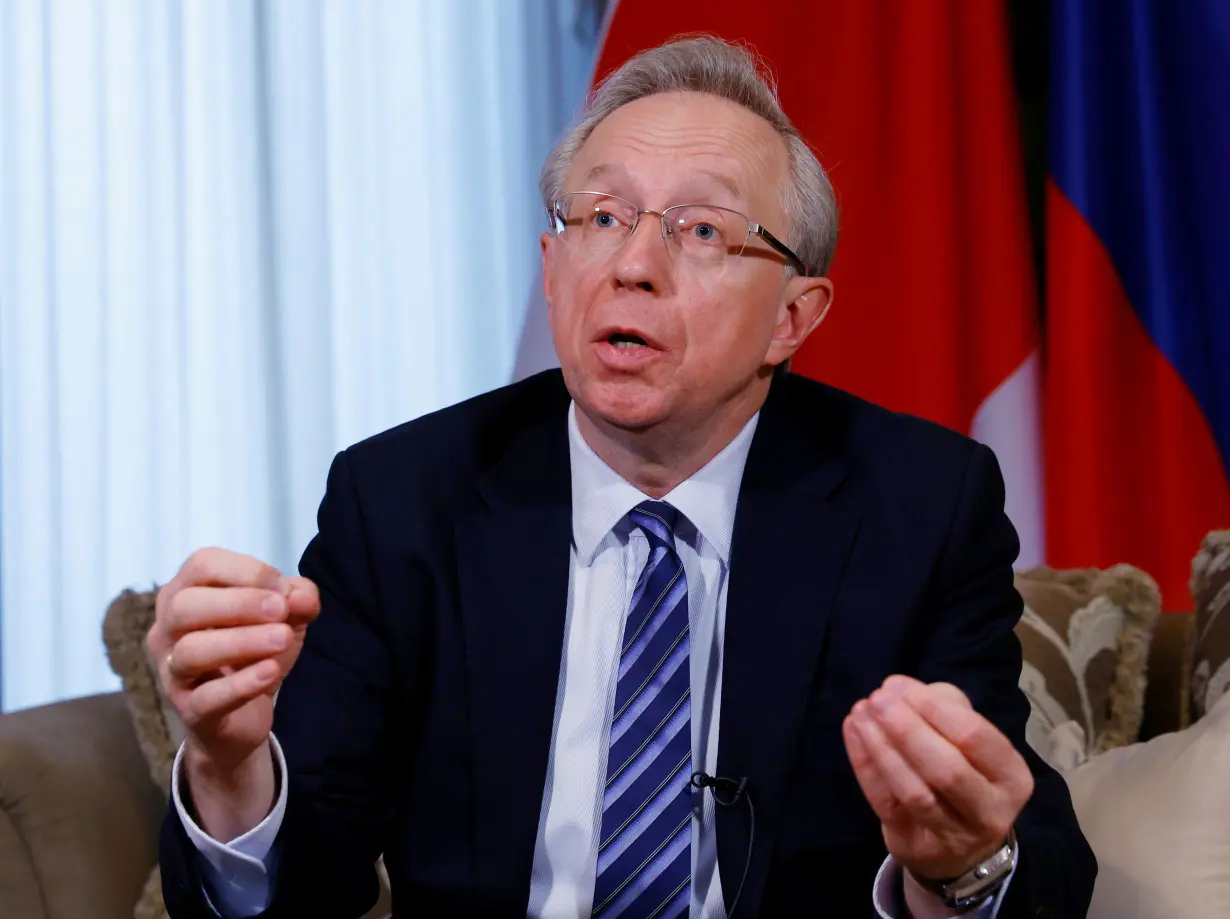 Russian Ambassador to Japan Mikhail Yurievich Galuzin speaks during an interview with Reuters at the embassy in Tokyo