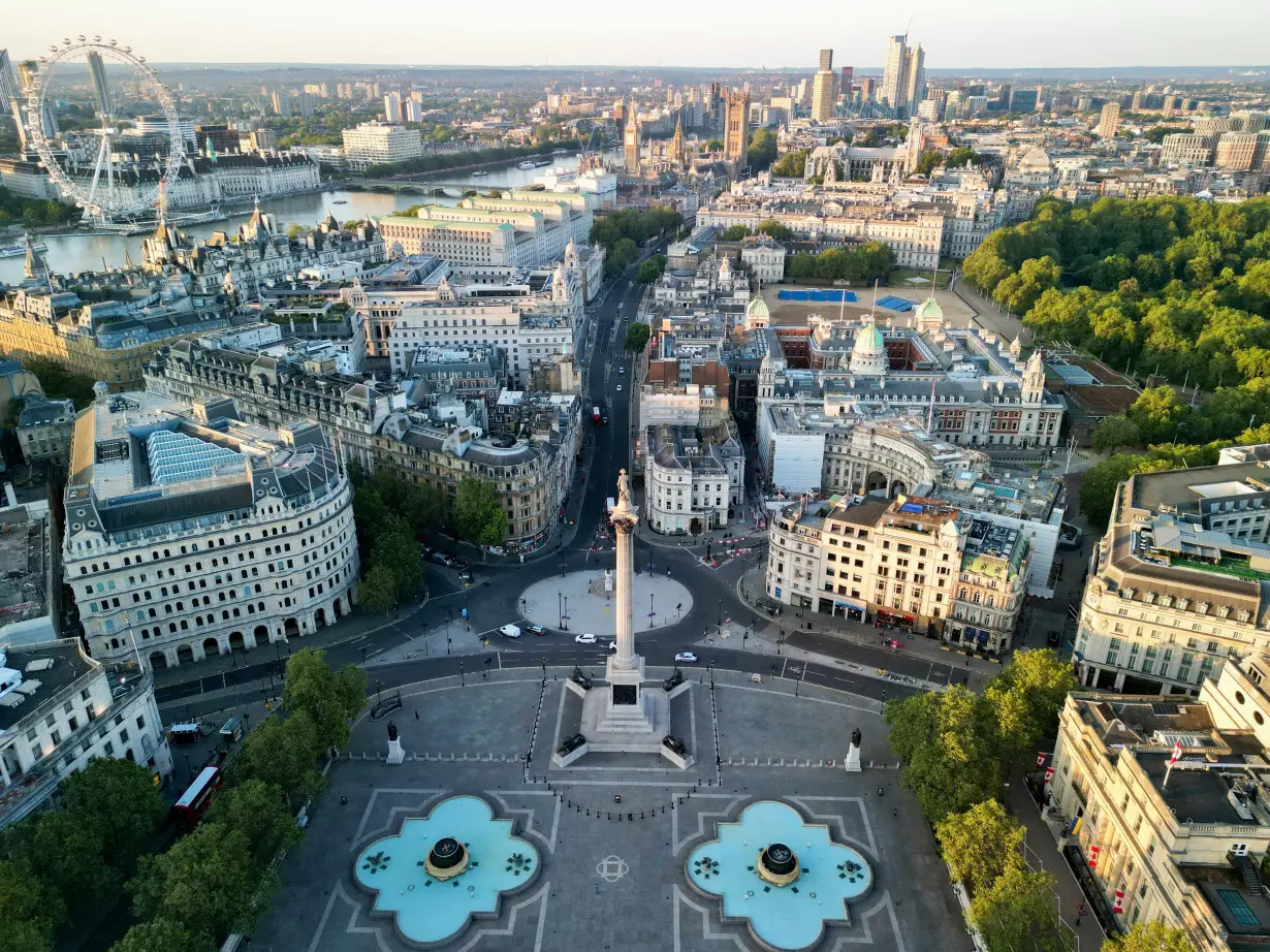 A drone view of London's skyline after daybreak