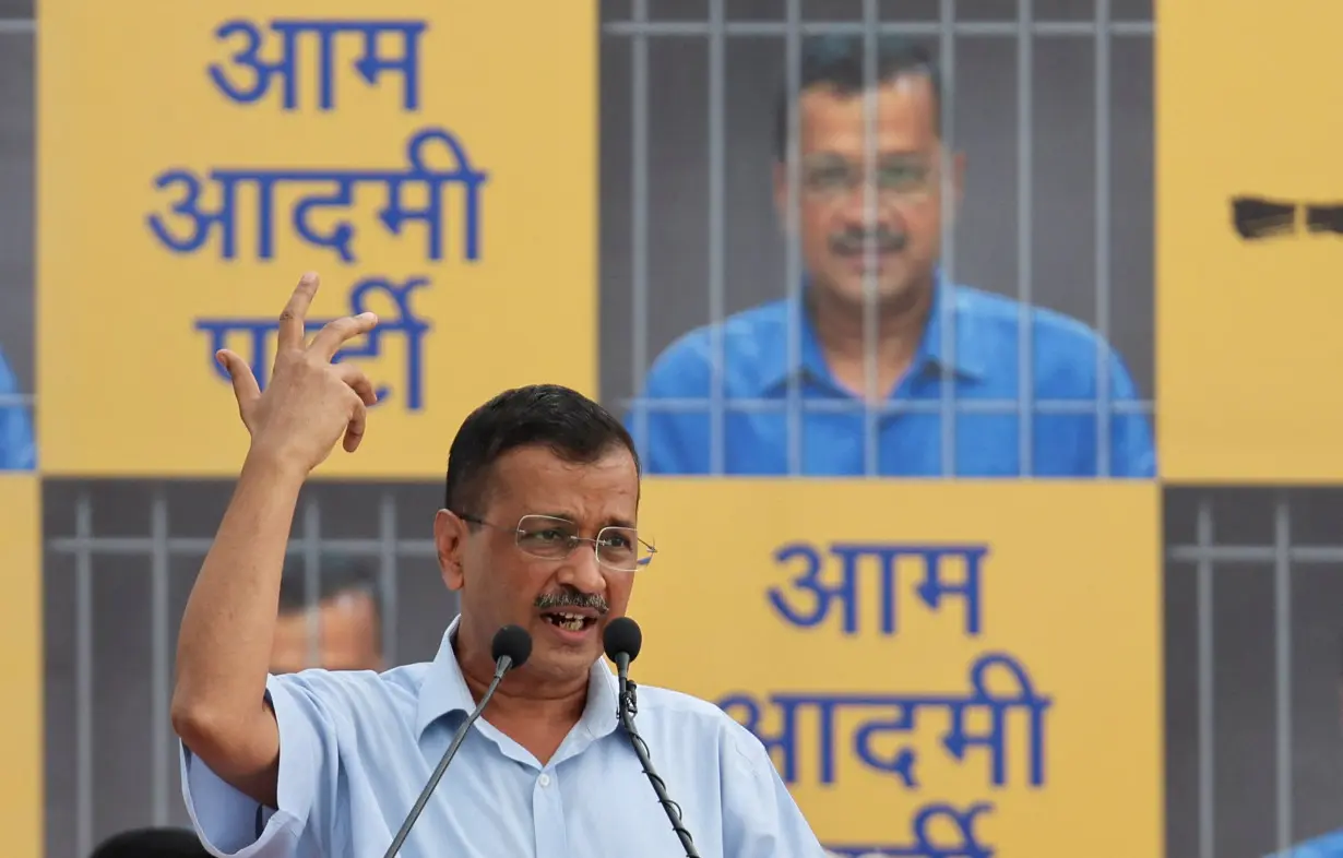 Delhi Chief Minister Arvind Kejriwal addresses supporters and members of Aam Aadmi Party (AAP) in New Delhi