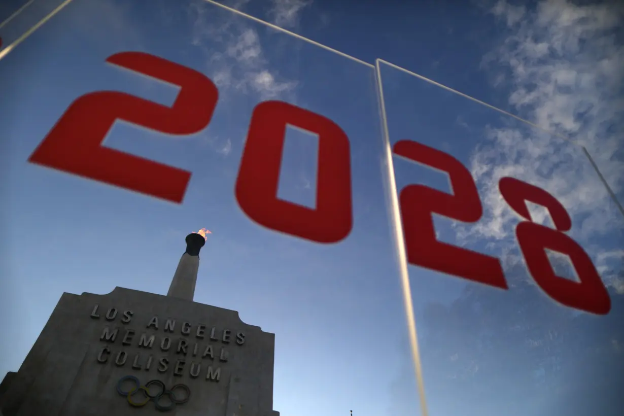 An LA2028 sign is seen at the Los Angeles Coliseum to celebrate Los Angeles being awarded the 2028 Olympic Games, in Los Angeles