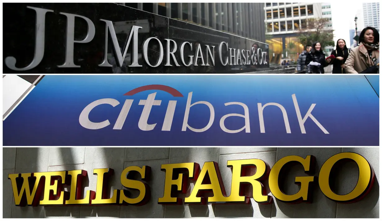 FILE PHOTO: A combination photo of signs of JP Morgan Chase Bank, Citibank and Wells Fargo & Co. bank