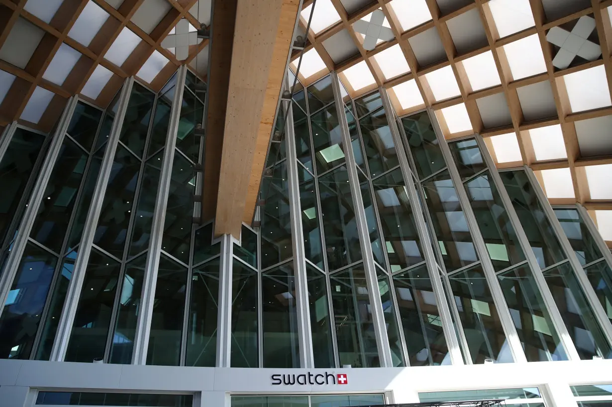 A Swatch logo is pictured on the newly built headquarters in Biel