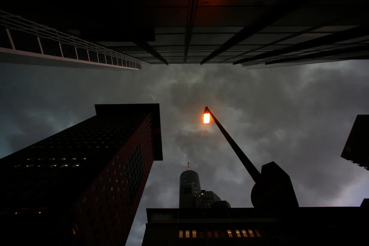 A street lamp is pictured in the financial district of Frankfurt