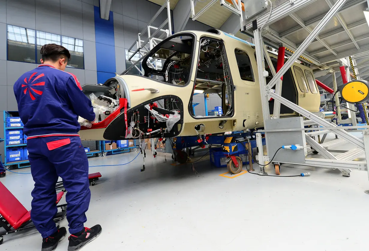 Leonardo's employee works on the AgustaWestland AW189 helicopter at the headquarters in Vergiate