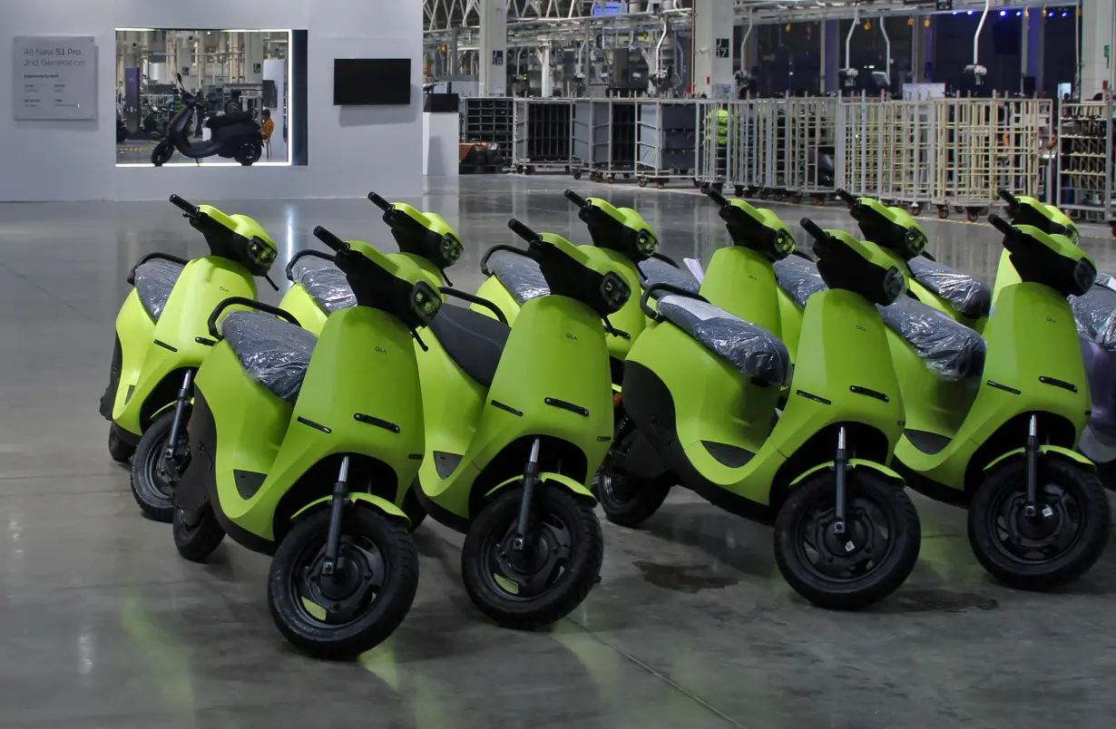 Ola Electric's S1 Air e-scooters are pictured inside its manufacturing facility in Pochampalli