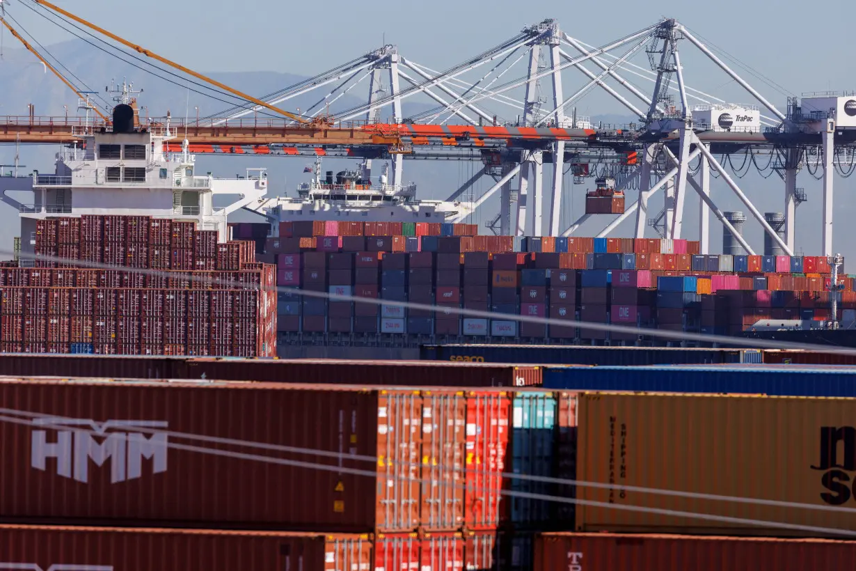 FILE PHOTO: Stacked containers are shown as ships unload their cargo at the Port of Los Angeles