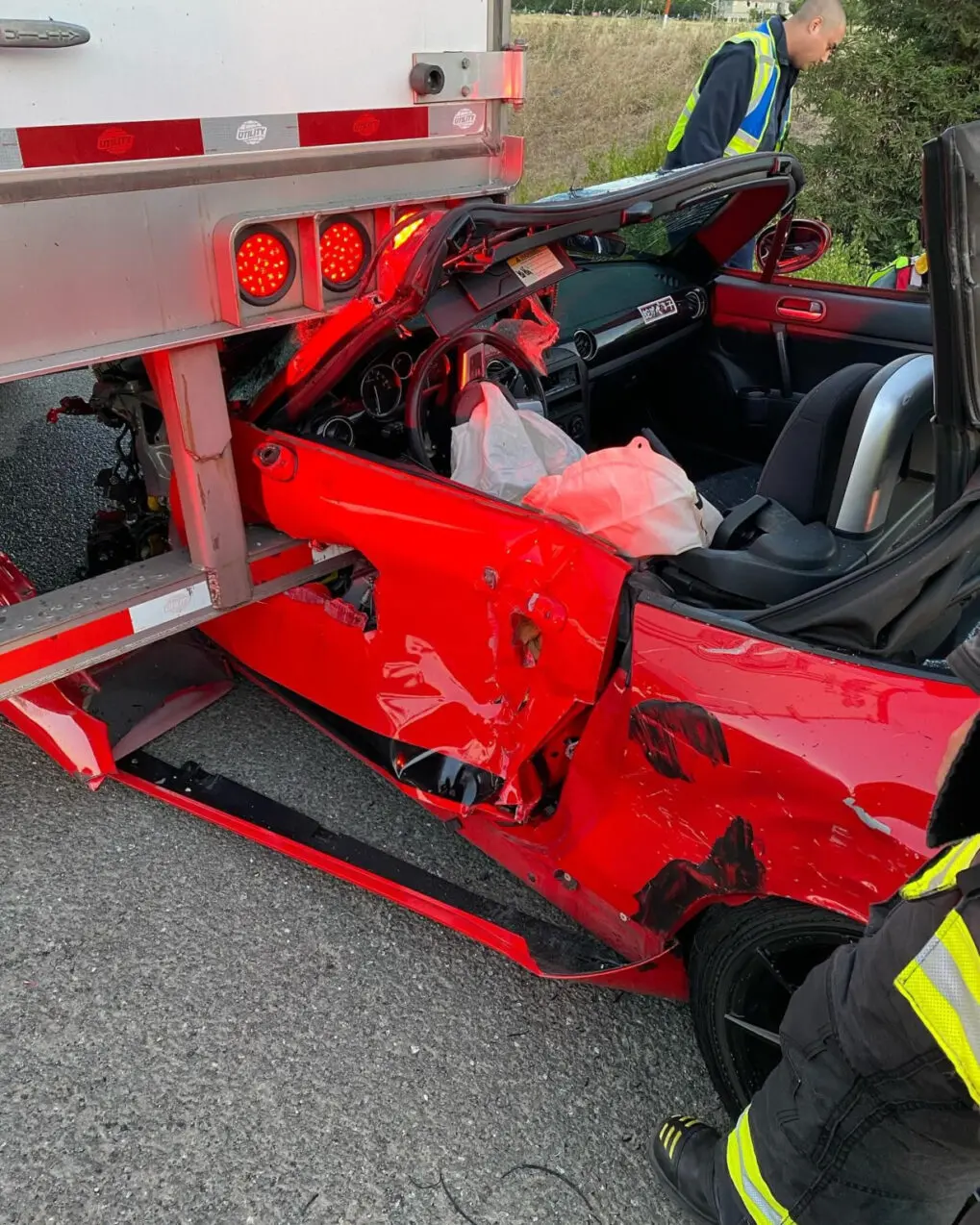 A convertible crashed into a big rig on Interstate 80 in Fairfield, CA Tuesday morning.