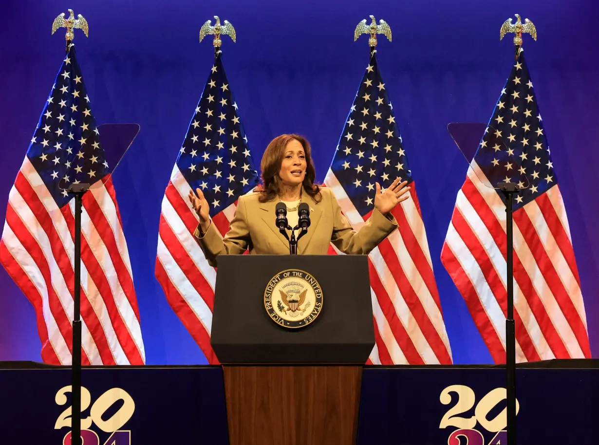 FILE PHOTO: U.S. Vice President Kamala Harris campaigns in Philadelphia, Pennsylvania