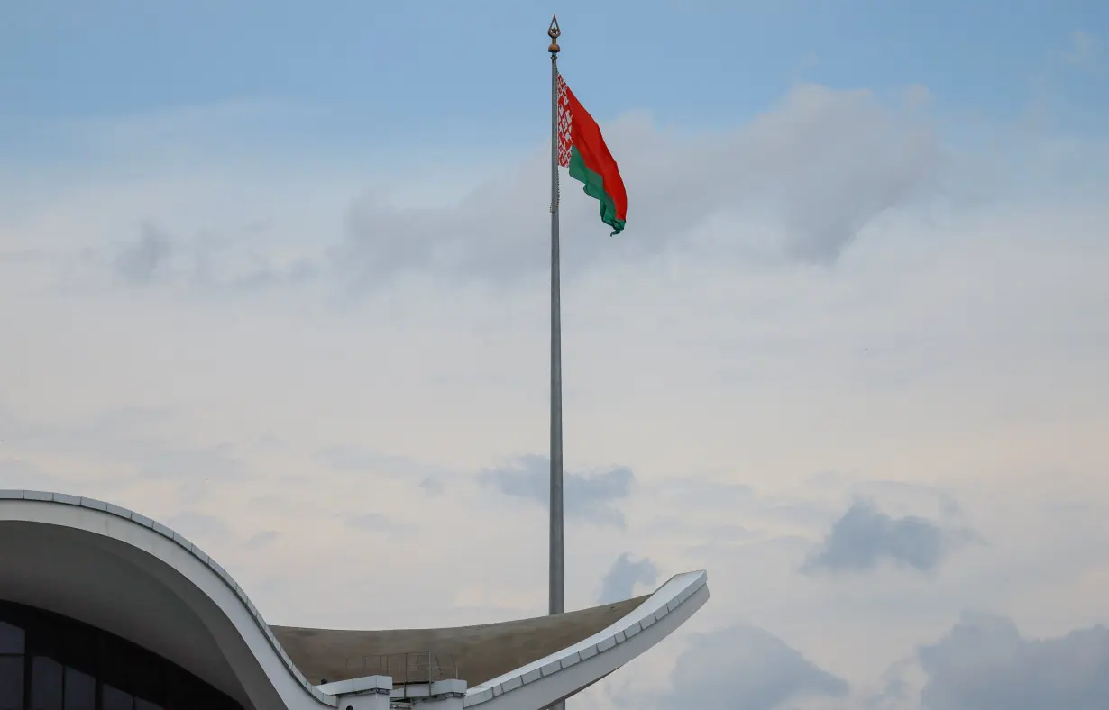 A national flag of Belarus flies in Minsk