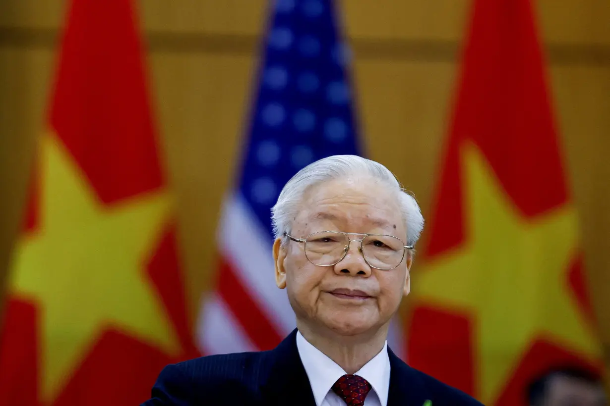 Vietnam's Communist Party General Secretary Nguyen Phu Trong attends a joint statement with U.S. President Joe Biden at the Communist Party of Vietnam Headquarters in Hanoi, Vietnam