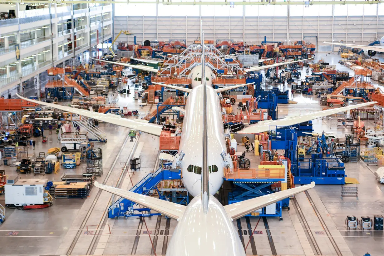 Boeing employees assemble 787s inside their main assembly building on their campus in North Charleston, South Carolina