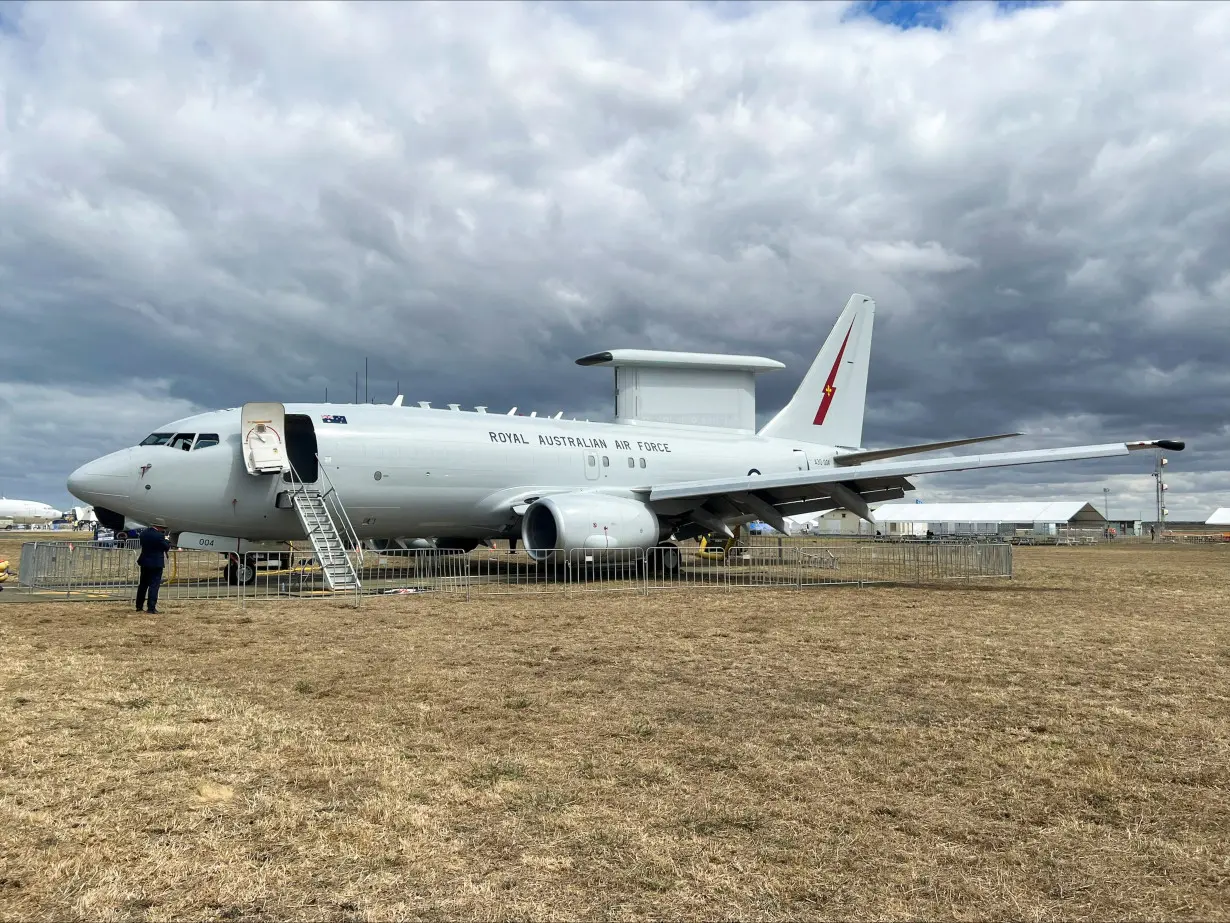 A Boeing E-7 owned by the Royal Australian Air Force is kept on display at the Australian International Airshow in Avalon