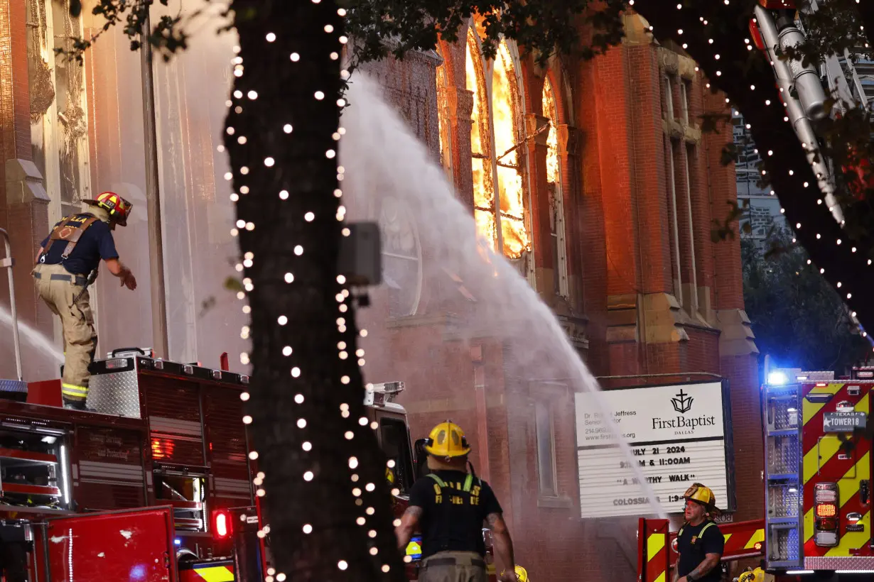 A fire severely damages the historic First Baptist Dallas church sanctuary