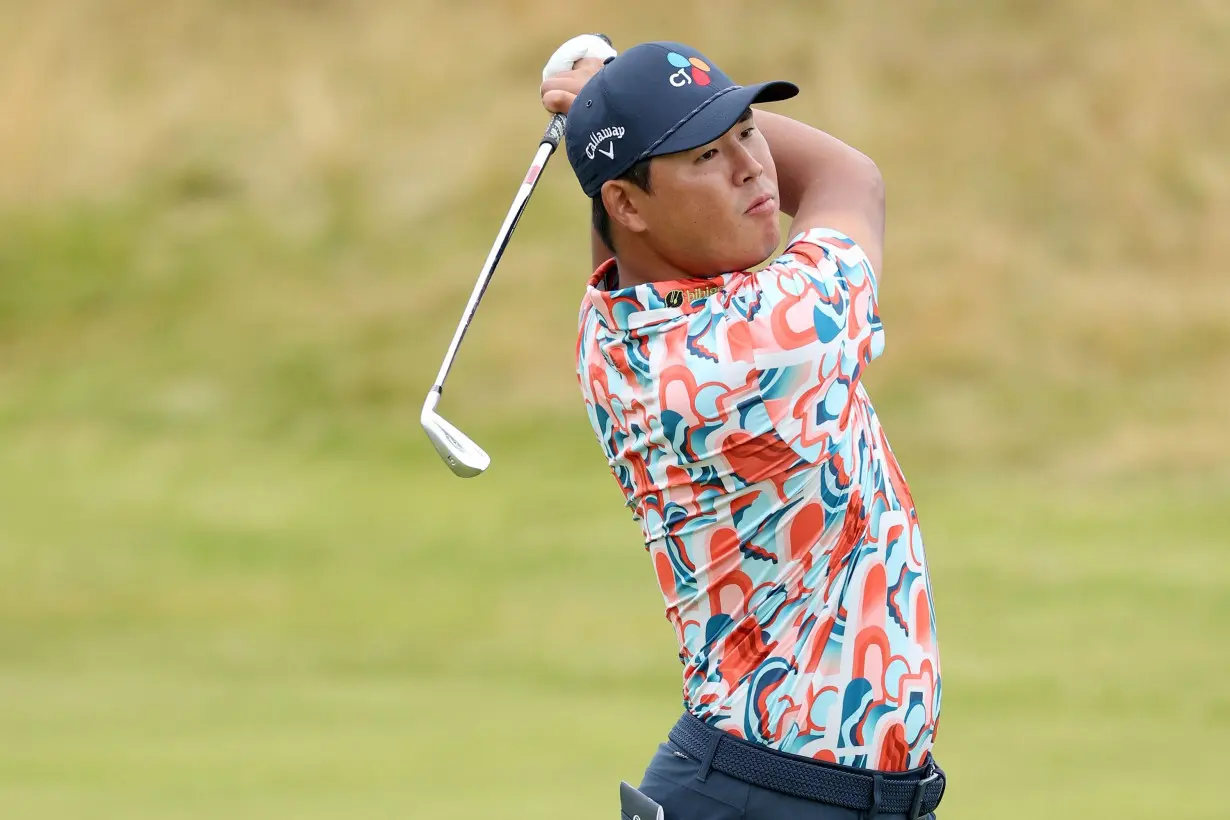 Kim Si-woo plays his second shot on the 11th hole during day three of the Open Championship at Royal Troon in Scotland.