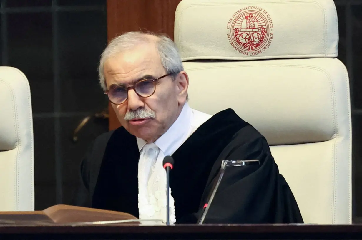 FILE PHOTO: International Court of Justice President Nawaf Salam speaks during a hearing in The Hague