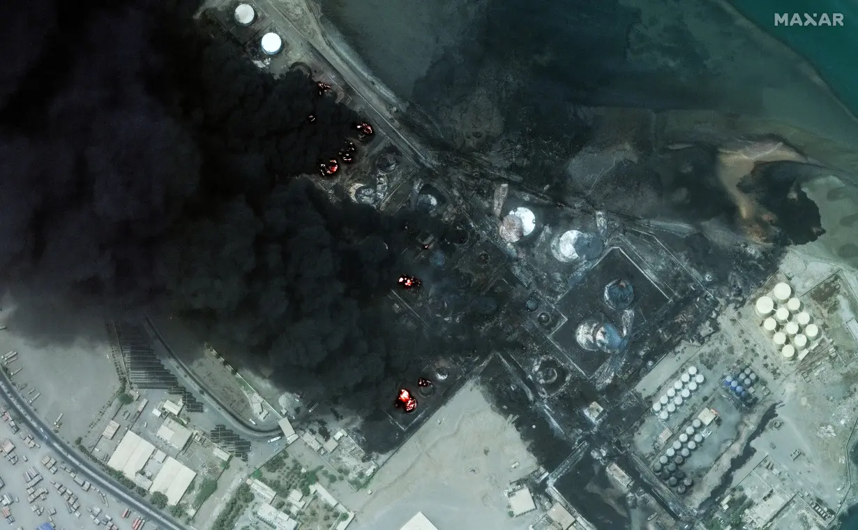 A satellite image shows a closer view of burning oil tanks after an Israeli air strike in Hodeidah