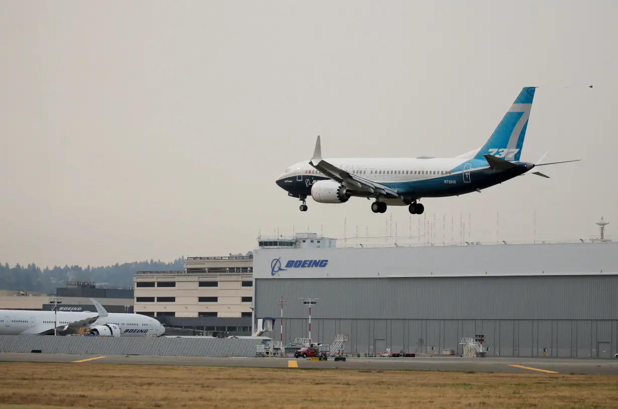 A Boeing 737 MAX aircraft lands during an evaluation flight in Seattle