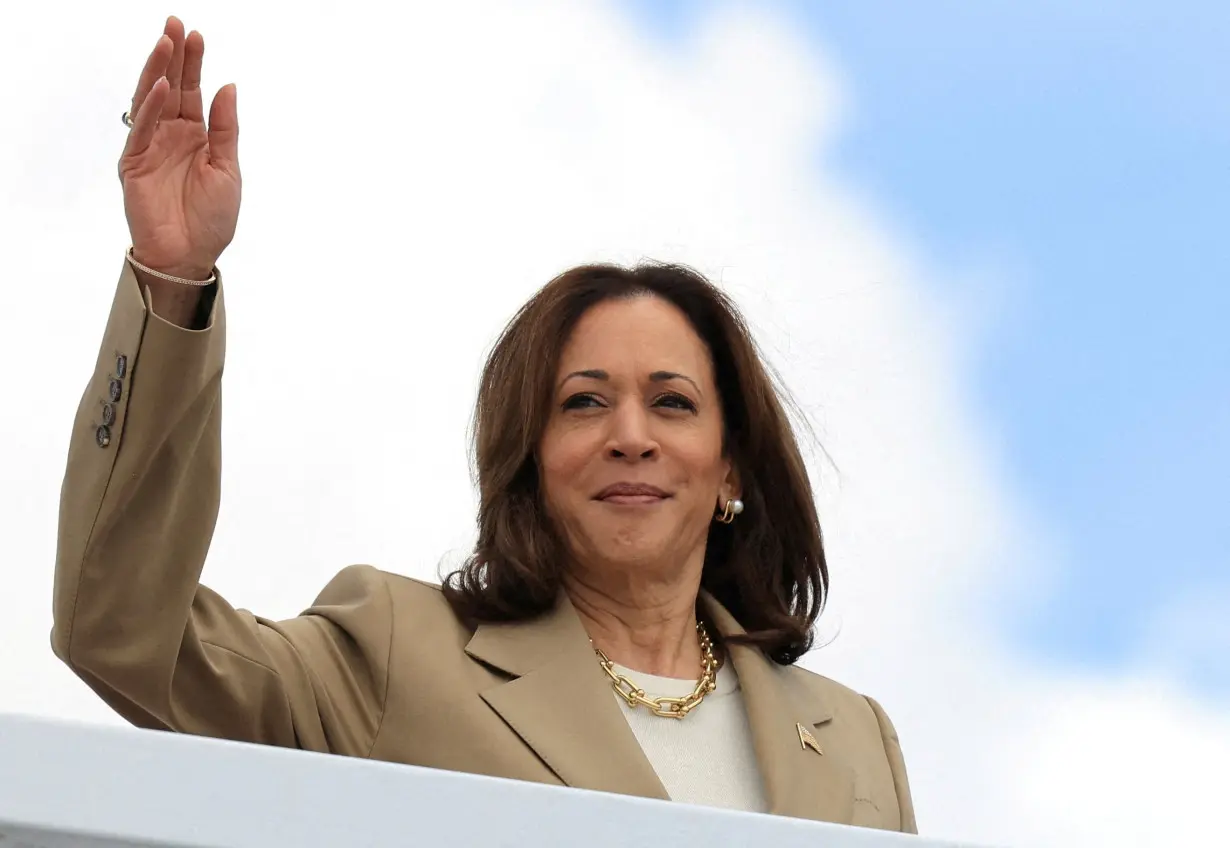 FILE PHOTO: U.S. Vice President Kamala Harris departs on campaign travel to Philadelphia