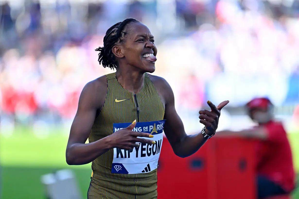 Faith Kipyegon after setting a new world record for the women's 1,500m at the Paris 2024 Diamond League meet on July 7, 2024.