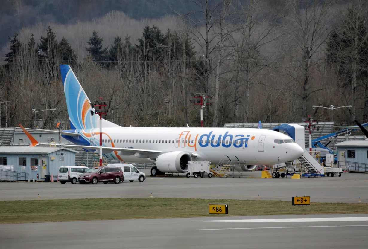 FILE PHOTO: A Boeing 737 MAX aircraft bearing the logo of flydubai is parked at a Boeing production facility in Renton