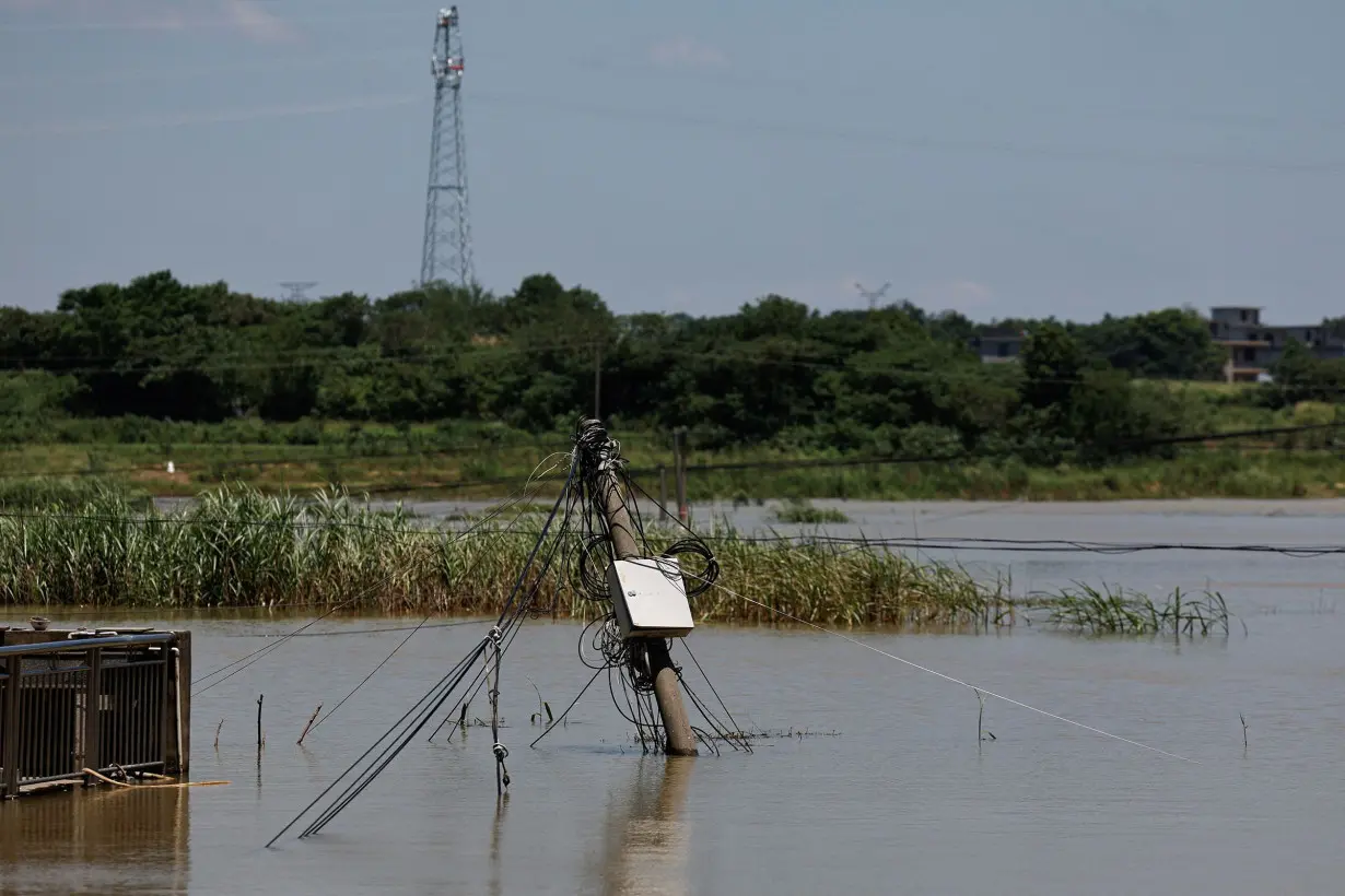 An electric pole is partially submerged at a flooded corn field in Jiangxi province on July 5.