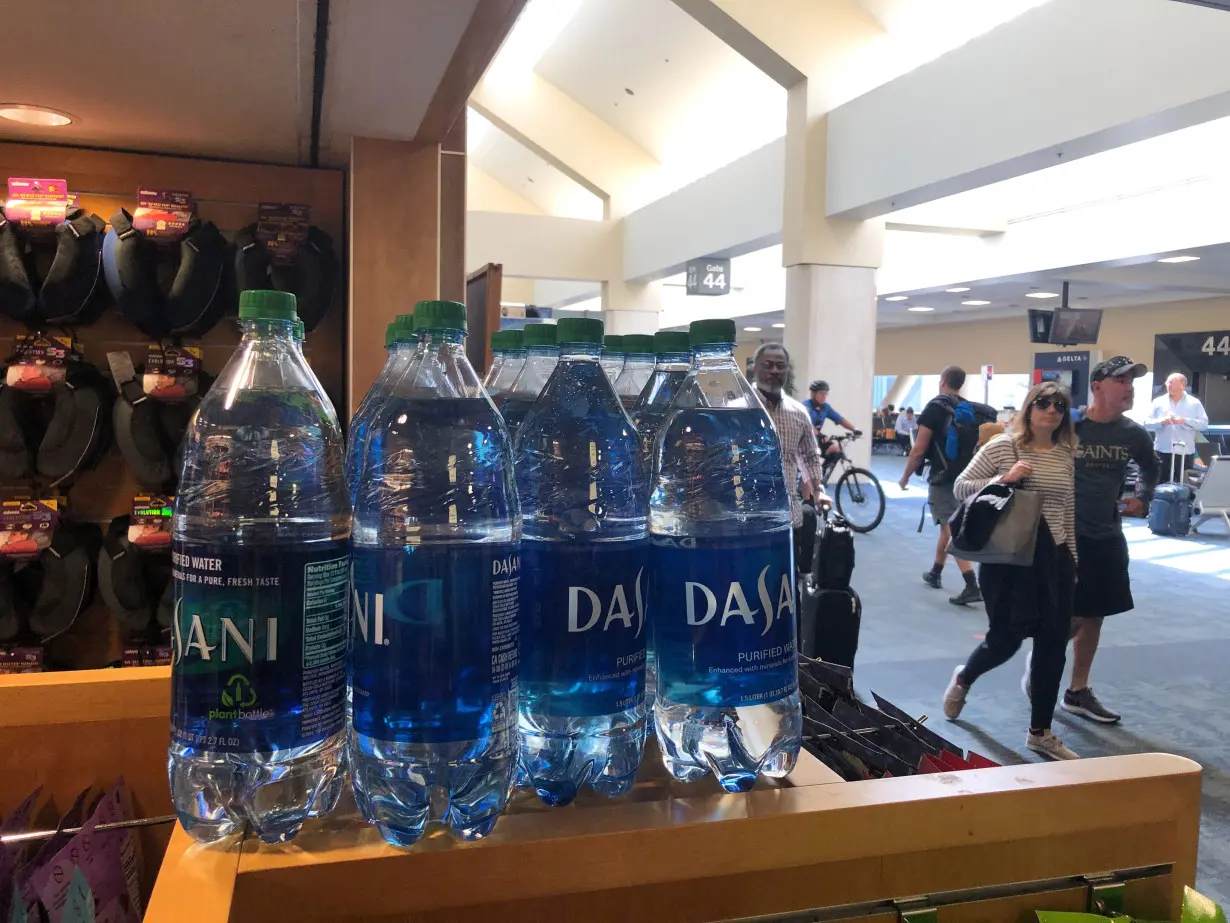 Plastic bottles are seen at SFO airport, which has banned the sale of plastic bottles that contain less than a liter of water, in San Francisco