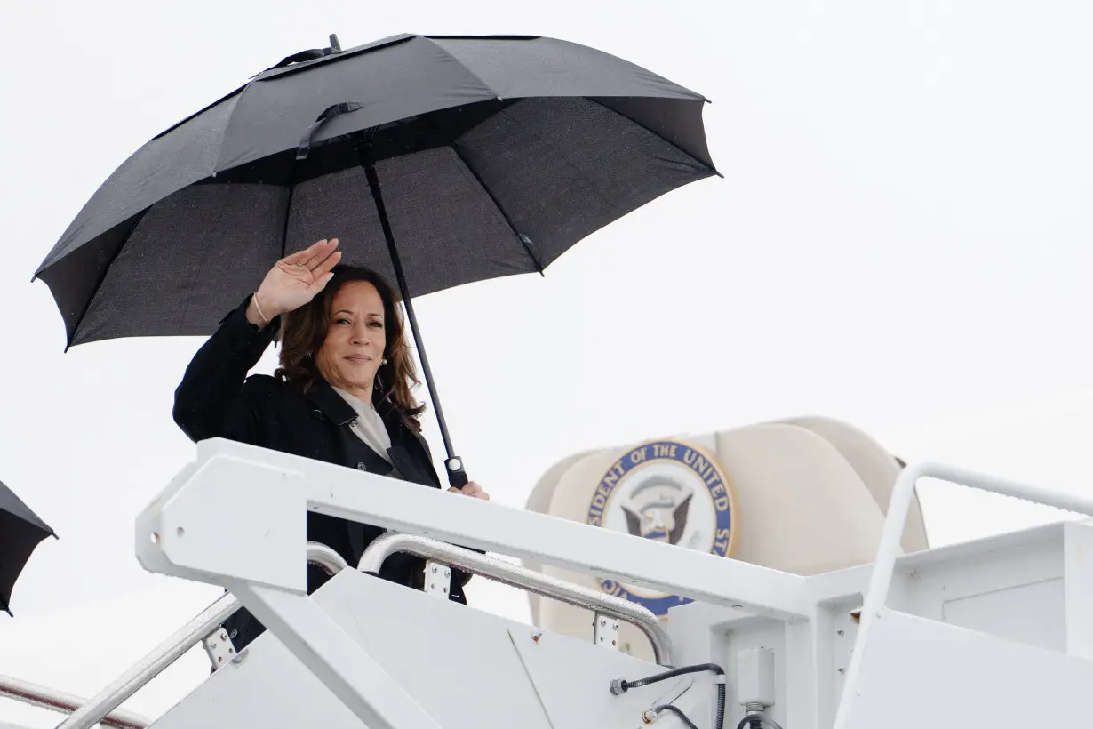 U.S. Vice President Kamala Harris walks to board Air Force Two at Joint Base Andrews in Maryland