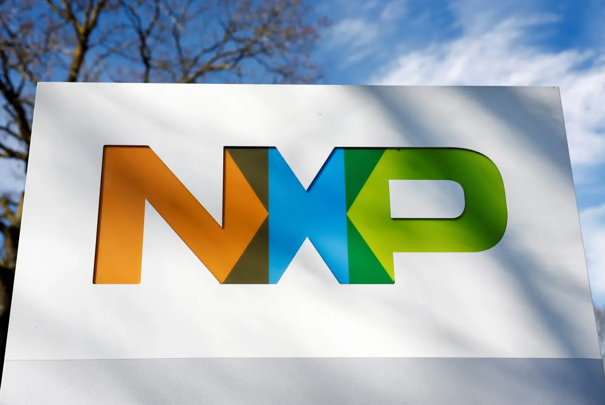 A view shows a logo at NXP semiconductors computer chip fabrication plant in Nijmegen