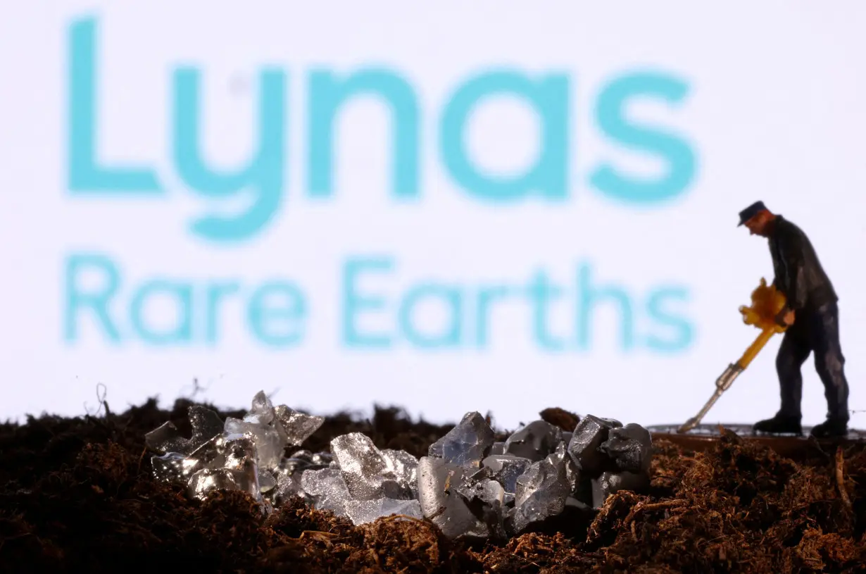 FILE PHOTO: FILE PHOTO: Small toy figure and mineral imitation are seen in front of the Lynas Rare Earths logo in this illustration