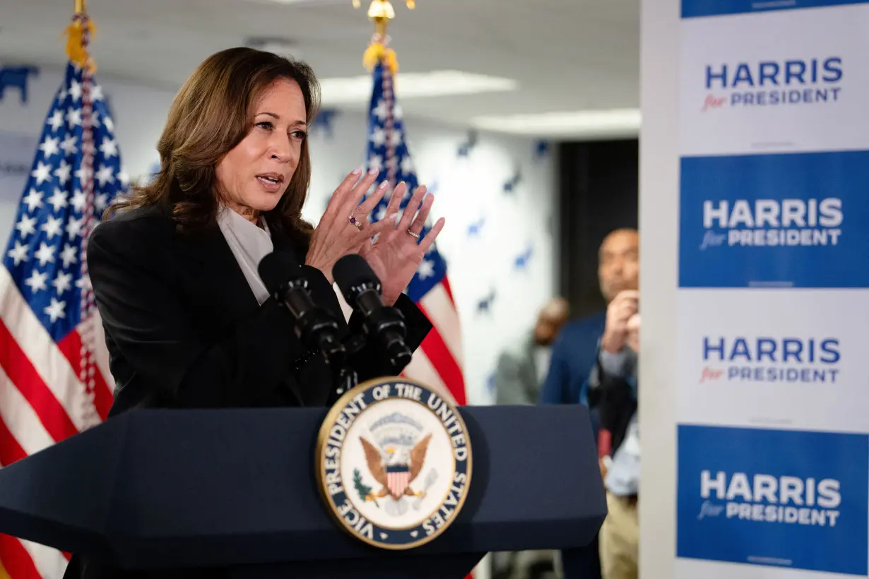 U.S. Vice President Kamala Harris speaks at her Presidential Campaign headquarters in Wilmington