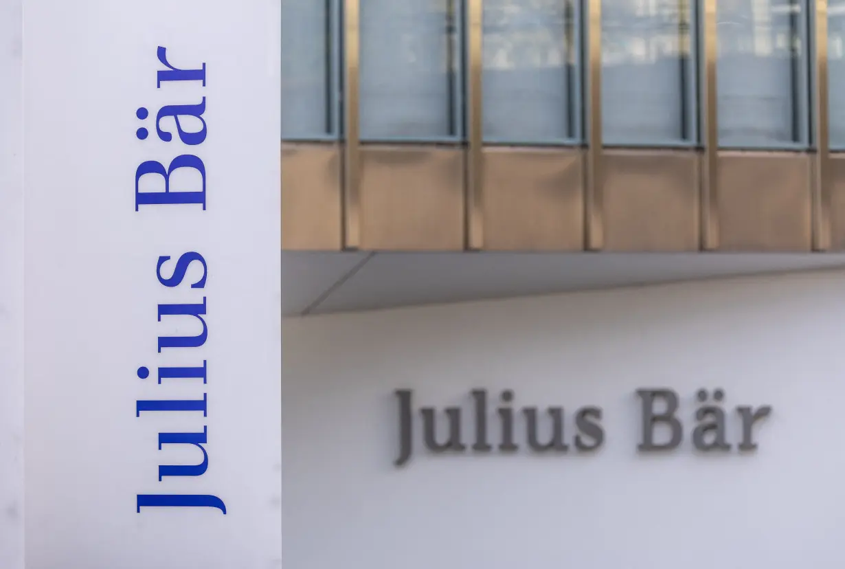 A logo is pictured on the branch of the Swiss private bank Julius Baer in Lausanne