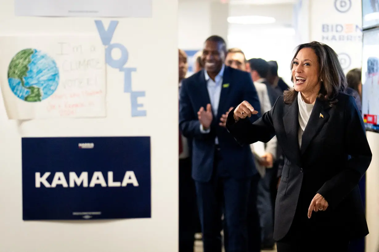 U.S. Vice President Kamala Harris walks at her Presidential Campaign headquarters in Wilmington