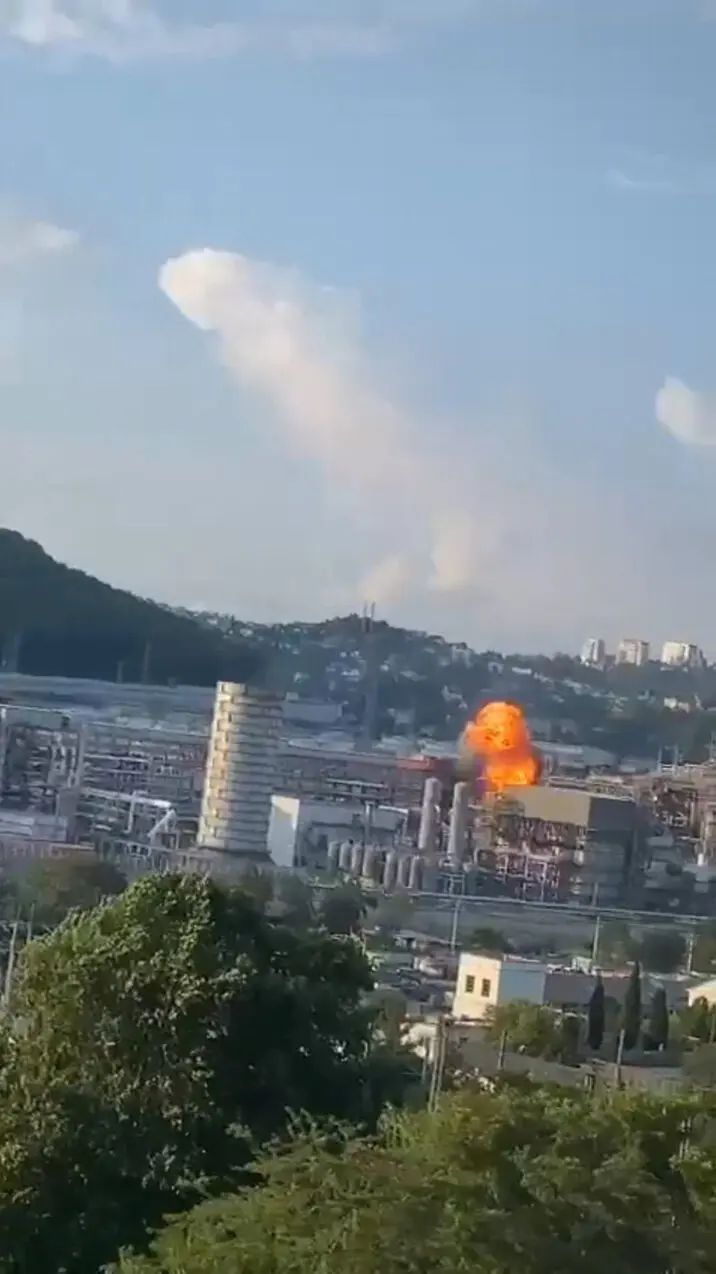 A view of an explosion caused by a Ukrainian drone attack, at Rosneft's Tuapse oil refinery in Tuapse