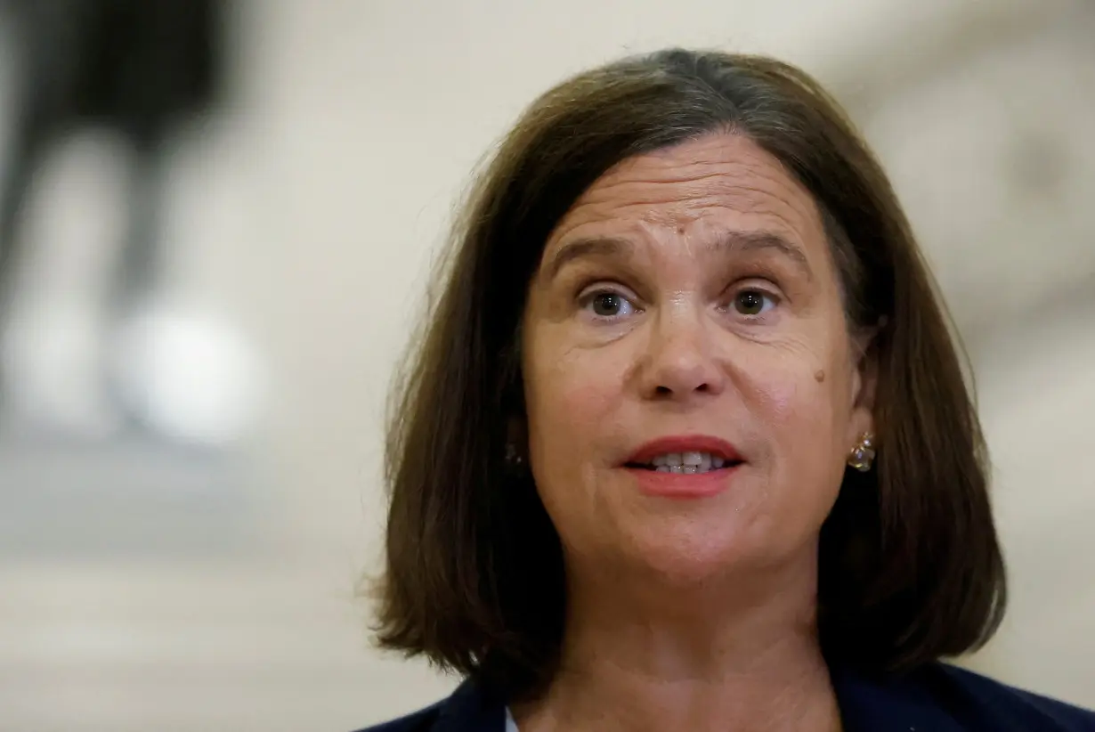 FILE PHOTO: Sinn Fein's President Mary Lou McDonald addresses the media following a meeting with British Prime Minister Keir Starmer at Stormont Castle, in Belfast