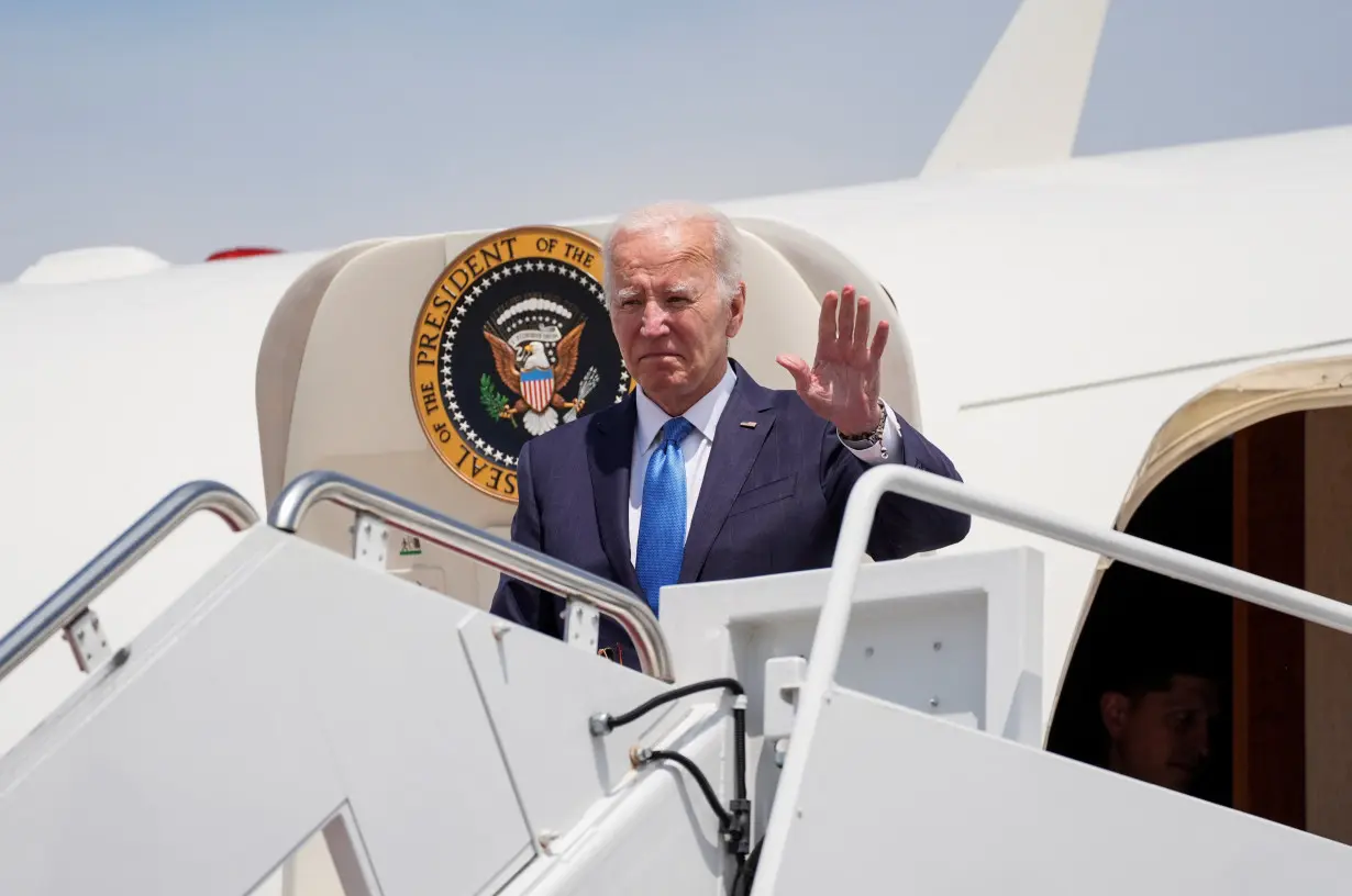 U.S. President Joe Biden disembarks Air Force One at Joint Base Andrews