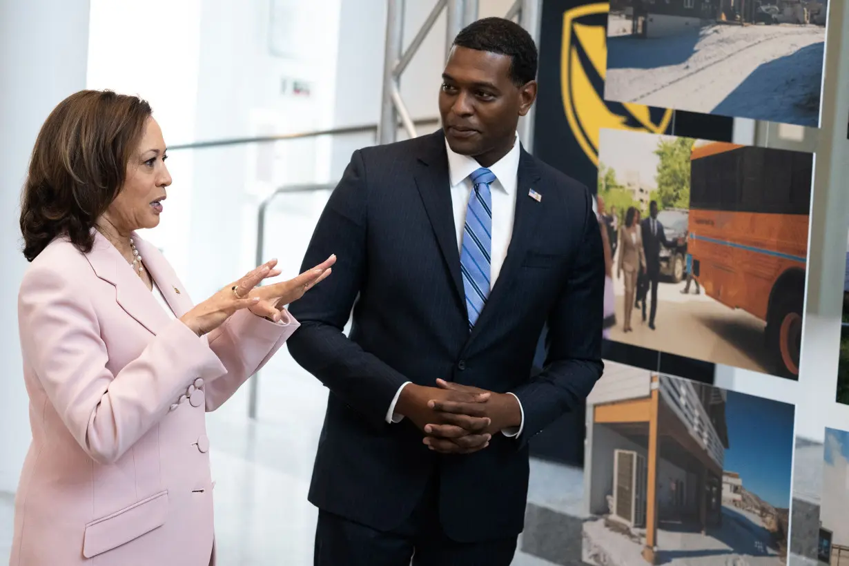 Harris speaks a community climate action briefing alongside EPA administrator Michael Regan in Baltimore on July 14, 2023.